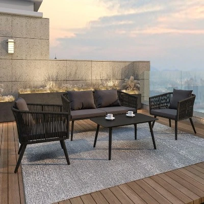 Flash Furniture Kierra Black All-Weather 4-Piece Woven Conversation Set With Gray Zippered Removable Cushions & Metal Coffee Table 1 Flash Furniture Kierra Black All-Weather 4-Piece Woven Conversation Set With Gray Zippered Removable Cushions & Metal Coffee Table