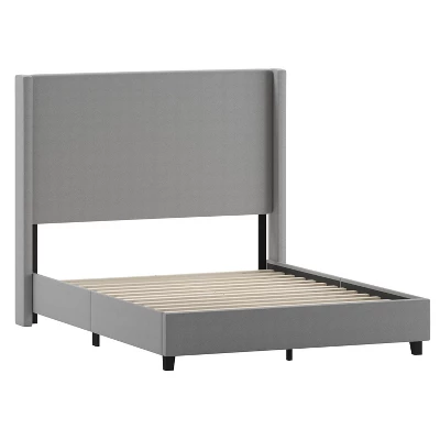 Flash Furniture Quinn Upholstered Platform Bed With Channel Stitched Wingback Headboard, Mattress Foundation With Slatted Supports, No Box Spring Needed 1 Flash Furniture Quinn Upholstered Platform Bed With Channel Stitched Wingback Headboard, Mattress Foundation With Slatted Supports, No Box Spring Needed