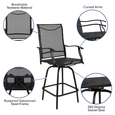 Flash Furniture Valerie Patio Bar Height Stools Set Of 2, All-Weather Textilene Swivel Patio Stools And Deck Chairs With High Back & Armrests 11 Flash Furniture Valerie Patio Bar Height Stools Set Of 2, All-Weather Textilene Swivel Patio Stools And Deck Chairs With High Back & Armrests - Image 11