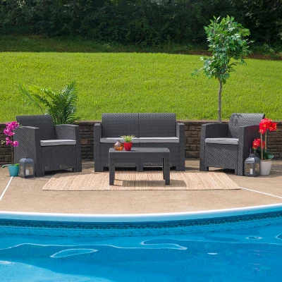 Flash Furniture Faux Rattan Loveseat With All-Weather Cushions 1 Flash Furniture Faux Rattan Loveseat With All-Weather Cushions
