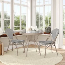 Flash Furniture Marseille Indoor/Outdoor Commercial Bistro 31.5" Table, Textilene, Glass Top With 2 Stack Chairs