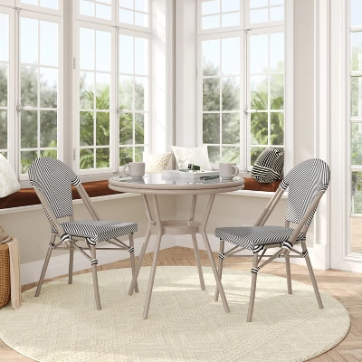 Flash Furniture Marseille Indoor/Outdoor Commercial Bistro 31.5" Table, Textilene, Glass Top With 2 Stack Chairs 1 Flash Furniture Marseille Indoor/Outdoor Commercial Bistro 31.5" Table, Textilene, Glass Top With 2 Stack Chairs