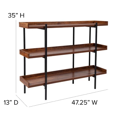 Flash Furniture Mayfair 3 Shelf 35"H Storage Display Unit Bookcase With Black Metal Frame In Rustic Wood Grain Finish 3 Flash Furniture Mayfair 3 Shelf 35"H Storage Display Unit Bookcase With Black Metal Frame In Rustic Wood Grain Finish - Image 3