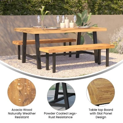 Flash Furniture All Weather Commercial Acacia Wood Top Patio Table With Metal Base-Natural/Black 4 Flash Furniture All Weather Commercial Acacia Wood Top Patio Table With Metal Base-Natural/Black - Image 4
