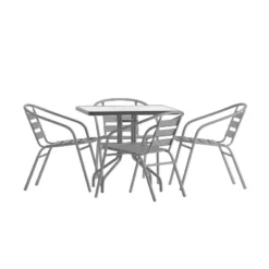 Flash Furniture Lila 31.5'' Square Glass Metal Table With 4 Metal Aluminum Slat Stack Chairs -Furniture GUEST 2216eee0 1c23 4c8d b6fd ac8e2451c87a