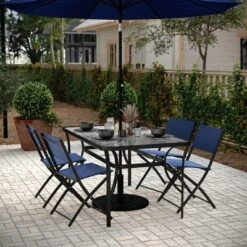 Flash Furniture Tory Commercial Grade Patio Table With Tempered Glass Top With Umbrella Hole And Steel Tube Frame