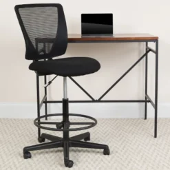 Flash Furniture Ergonomic Mid-Back Mesh Drafting Chair With Black Fabric Seat And Adjustable Foot Ring