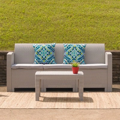 Flash Furniture Faux Rattan Sofa With All-Weather Cushions 1 Flash Furniture Faux Rattan Sofa With All-Weather Cushions