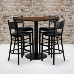 Flash Furniture 36'' Square Walnut Laminate Table Set With 4 Grid Back Metal Barstools - Black Vinyl Seat