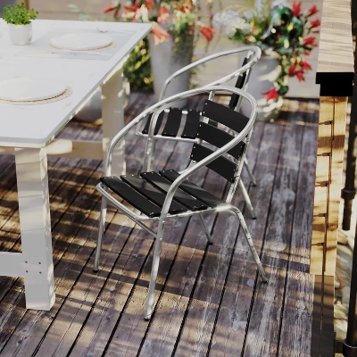 Flash Furniture Lila Aluminum Commercial Indoor-Outdoor Restaurant Stack Chair With Triple Slat Faux Teak Back 1 Flash Furniture Lila Aluminum Commercial Indoor-Outdoor Restaurant Stack Chair With Triple Slat Faux Teak Back