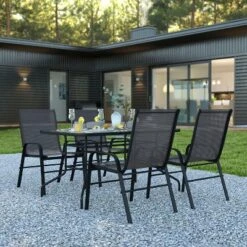 Flash Furniture Brazos 5 Piece Outdoor Patio Dining Set - Tempered Glass Patio Table, 4 Flex Comfort Stack Chairs