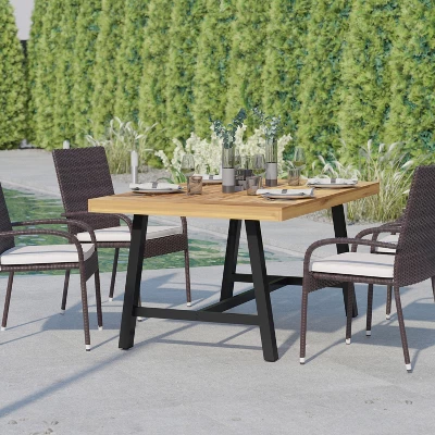 Flash Furniture All Weather Commercial Acacia Wood Top Patio Table With Metal Base-Natural/Black 2 Flash Furniture All Weather Commercial Acacia Wood Top Patio Table With Metal Base-Natural/Black - Image 2