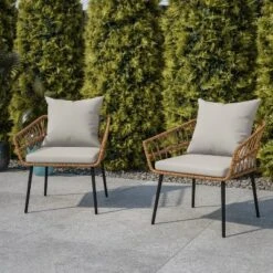 Flash Furniture Evin Set Of 2 Boho Indoor/Outdoor Rope Rattan Wicker Patio Chairs With All-Weather Cushions