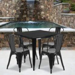 Flash Furniture Commercial Grade 31.5" Square Metal Indoor-Outdoor Table Set With 4 Stack Chairs