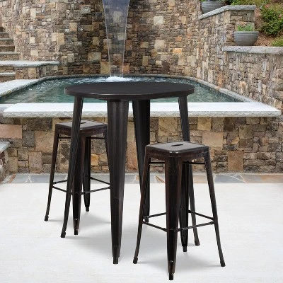 Flash Furniture Commercial Grade 30" Round Metal Indoor-Outdoor Bar Table Set With 2 Square Seat Backless Stools 1 Flash Furniture Commercial Grade 30" Round Metal Indoor-Outdoor Bar Table Set With 2 Square Seat Backless Stools
