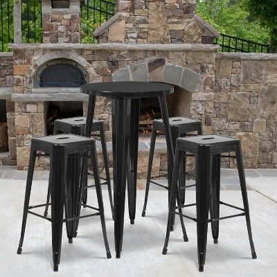 Flash Furniture Commercial Grade 24" Round Metal Indoor-Outdoor Bar Table Set With 4 Square Seat Backless Stools 1 Flash Furniture Commercial Grade 24" Round Metal Indoor-Outdoor Bar Table Set With 4 Square Seat Backless Stools
