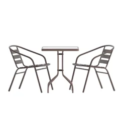 Flash Furniture Lila 23.5'' Square Glass Metal Table With 2 Metal Aluminum Slat Stack Chairs -Furniture GUEST 47995460 7dae 4a35 a2f0 92a34a022bc7