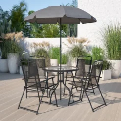 Flash Furniture Nantucket 6 Piece Patio Garden Set With Table, Umbrella And 4 Folding Chairs