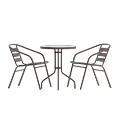 Flash Furniture Lila 23.75'' Round Glass Metal Table With 2 Metal Aluminum Slat Stack Chairs 24 Flash Furniture Lila 23.75'' Round Glass Metal Table With 2 Metal Aluminum Slat Stack Chairs -Furniture GUEST 4ffc0ba1 fe30 434c b960 40dd16a3324d