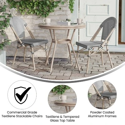Flash Furniture Marseille Indoor/Outdoor Commercial Bistro 31.5" Table, Textilene, Glass Top With 2 Stack Chairs 2 Flash Furniture Marseille Indoor/Outdoor Commercial Bistro 31.5" Table, Textilene, Glass Top With 2 Stack Chairs - Image 2