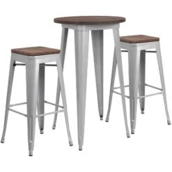 Flash Furniture 24" Round Metal Bar Table Set With Wood Top And 2 Backless Stools