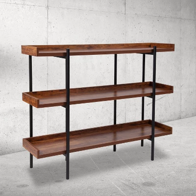 Flash Furniture Mayfair 3 Shelf 35"H Storage Display Unit Bookcase With Black Metal Frame In Rustic Wood Grain Finish 1 Flash Furniture Mayfair 3 Shelf 35"H Storage Display Unit Bookcase With Black Metal Frame In Rustic Wood Grain Finish