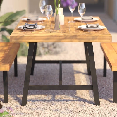 Flash Furniture All Weather Commercial Acacia Wood Top Patio Table With Metal Base-Natural/Black 3 Flash Furniture All Weather Commercial Acacia Wood Top Patio Table With Metal Base-Natural/Black - Image 3