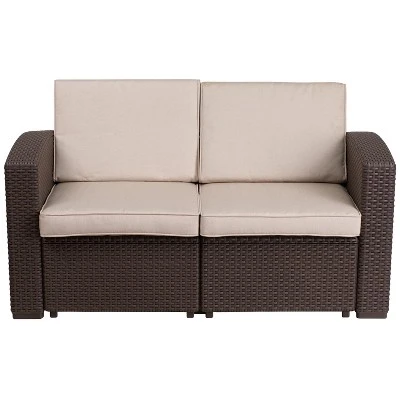 Flash Furniture Chocolate Brown Faux Rattan Loveseat With All-Weather Beige Cushions 7 Flash Furniture Chocolate Brown Faux Rattan Loveseat With All-Weather Beige Cushions - Image 7
