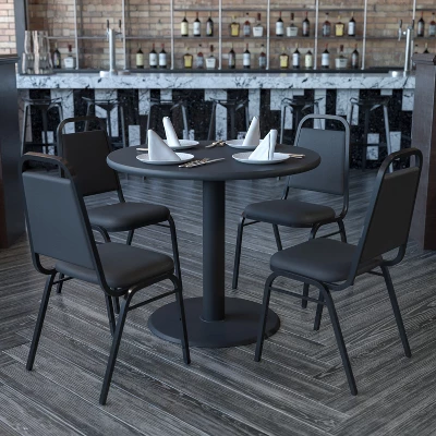 Flash Furniture 36'' Round Laminate Table Set With X-Base And 4 Trapezoidal Back Banquet Chairs 1 Flash Furniture 36'' Round Laminate Table Set With X-Base And 4 Trapezoidal Back Banquet Chairs