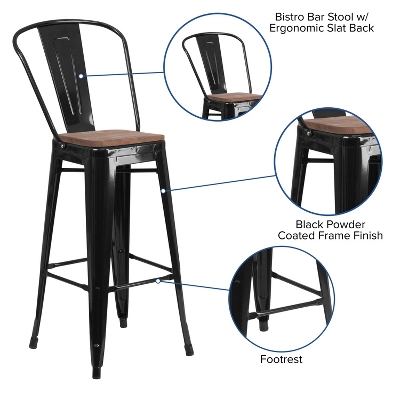 Flash Furniture 30" High Metal Barstool With Back And Wood Seat 2 Flash Furniture 30" High Metal Barstool With Back And Wood Seat - Image 2