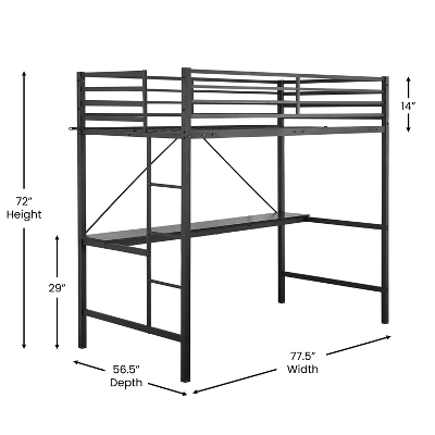 Flash Furniture Jake Metal Loft Bed Frame With Desk, Protective Guard Rails And Ladder For Kids, Teens And Adults 7 Flash Furniture Jake Metal Loft Bed Frame With Desk, Protective Guard Rails And Ladder For Kids, Teens And Adults - Image 7