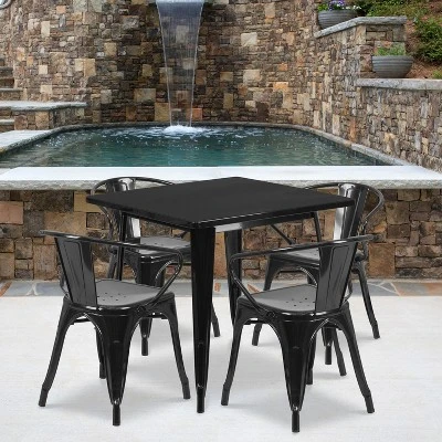 Flash Furniture Commercial Grade 31.5" Square Metal Indoor-Outdoor Table Set With 4 Arm Chairs 1 Flash Furniture Commercial Grade 31.5" Square Metal Indoor-Outdoor Table Set With 4 Arm Chairs