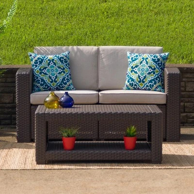 Flash Furniture Chocolate Brown Faux Rattan Loveseat With All-Weather Beige Cushions 1 Flash Furniture Chocolate Brown Faux Rattan Loveseat With All-Weather Beige Cushions