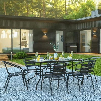 Flash Furniture 7 Piece Outdoor Patio Dining Set - 55" Tempered Glass Patio Table With Umbrella Hole, 6 Black Metal Aluminum Slat Stack Chairs 1 Flash Furniture 7 Piece Outdoor Patio Dining Set - 55" Tempered Glass Patio Table With Umbrella Hole, 6 Black Metal Aluminum Slat Stack Chairs