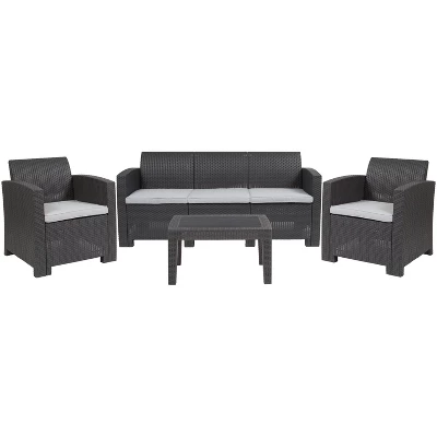 Flash Furniture 4 Piece Outdoor Faux Rattan Chair, Sofa And Table Set 2 Flash Furniture 4 Piece Outdoor Faux Rattan Chair, Sofa And Table Set - Image 2