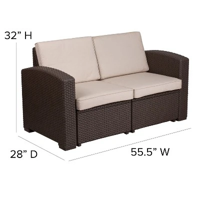 Flash Furniture Chocolate Brown Faux Rattan Loveseat With All-Weather Beige Cushions 3 Flash Furniture Chocolate Brown Faux Rattan Loveseat With All-Weather Beige Cushions - Image 3