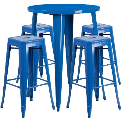 Flash Furniture Commercial Grade 30" Round Metal Indoor-Outdoor Bar Table Set With 4 Square Seat Backless Stools 9 Flash Furniture Commercial Grade 30" Round Metal Indoor-Outdoor Bar Table Set With 4 Square Seat Backless Stools - Image 9