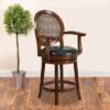 Flash Furniture 26'' High Expresso Wood Counter Height Stool With Arms, Woven Rattan Back And Black LeatherSoft Swivel Seat