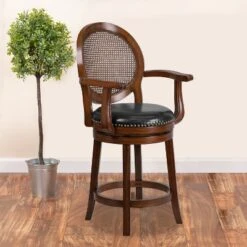 Flash Furniture 26'' High Expresso Wood Counter Height Stool With Arms, Woven Rattan Back And Black LeatherSoft Swivel Seat
