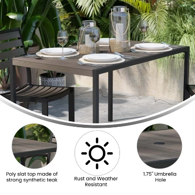 Flash Furniture Lark Outdoor Dining Table With Synthetic Gray Wash Teak Poly Slats - 30" X 48" Steel Framed Restaurant Table With Umbrella Holder Hole 4 Flash Furniture Lark Outdoor Dining Table With Synthetic Gray Wash Teak Poly Slats - 30" X 48" Steel Framed Restaurant Table With Umbrella Holder Hole - Image 4