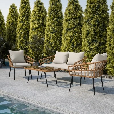 Flash Furniture Evin Boho 4 Piece Indoor/Outdoor Rope Rattan Patio Conversation Set With Tempered Glass Top Coffee Table And Cushions 6 Flash Furniture Evin Boho 4 Piece Indoor/Outdoor Rope Rattan Patio Conversation Set With Tempered Glass Top Coffee Table And Cushions - Image 6
