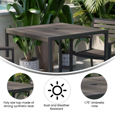 Flash Furniture Lark Outdoor Dining Table With Synthetic Gray Wash Teak Poly Slats - 35" Square Steel Framed Restaurant Table With Umbrella Hole 3 Flash Furniture Lark Outdoor Dining Table With Synthetic Gray Wash Teak Poly Slats - 35" Square Steel Framed Restaurant Table With Umbrella Hole - Image 3