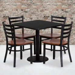 Flash Furniture 30'' Square Black Laminate Table Set With 4 Ladder Back Metal Chairs - Cherry Wood Seat