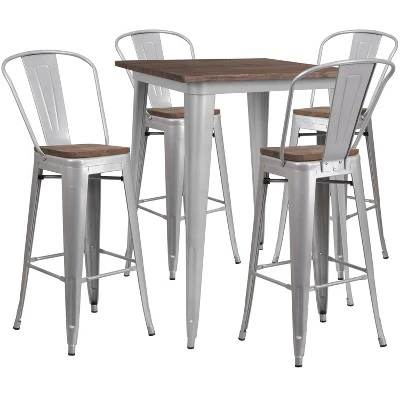 Flash Furniture 31.5" Square Metal Bar Table Set With Wood Top And 4 Stools 1 Flash Furniture 31.5" Square Metal Bar Table Set With Wood Top And 4 Stools