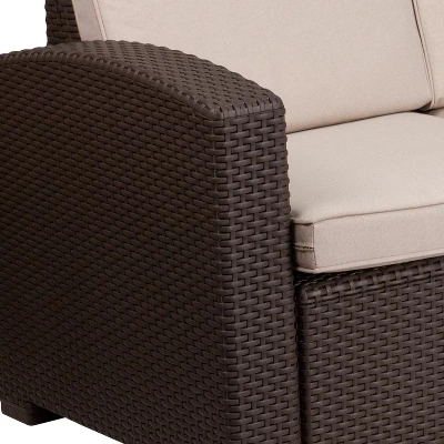Flash Furniture Chocolate Brown Faux Rattan Sofa With All-Weather Beige Cushions 5 Flash Furniture Chocolate Brown Faux Rattan Sofa With All-Weather Beige Cushions - Image 5