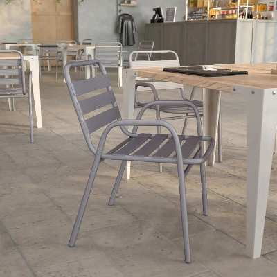 Flash Furniture Lila Commercial Metal Indoor-Outdoor Restaurant Stack Chair With Metal Triple Slat Back And Arms 3 Flash Furniture Lila Commercial Metal Indoor-Outdoor Restaurant Stack Chair With Metal Triple Slat Back And Arms - Image 3