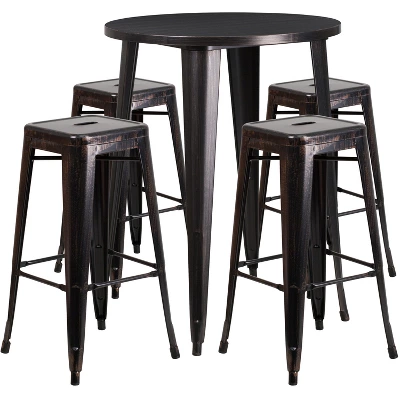 Flash Furniture Commercial Grade 30" Round Metal Indoor-Outdoor Bar Table Set With 4 Square Seat Backless Stools 4 Flash Furniture Commercial Grade 30" Round Metal Indoor-Outdoor Bar Table Set With 4 Square Seat Backless Stools - Image 4