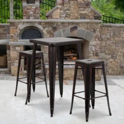Flash Furniture Commercial Grade 23.75" Square Metal Indoor-Outdoor Bar Table Set With 2 Square Seat Backless Stools