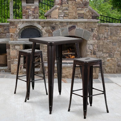 Flash Furniture Commercial Grade 23.75" Square Metal Indoor-Outdoor Bar Table Set With 2 Square Seat Backless Stools 1 Flash Furniture Commercial Grade 23.75" Square Metal Indoor-Outdoor Bar Table Set With 2 Square Seat Backless Stools