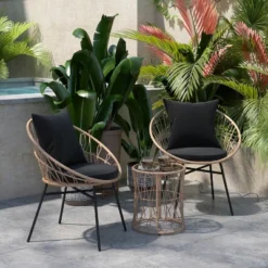 Flash Furniture Devon 3-Piece Indoor/Outdoor Bistro Set, Papasan Style Rattan Rope Chairs, Glass Top Side Table & Cushions -Furniture GUEST 8c775e65 99cb 4542 8542 6a21faf5ced6